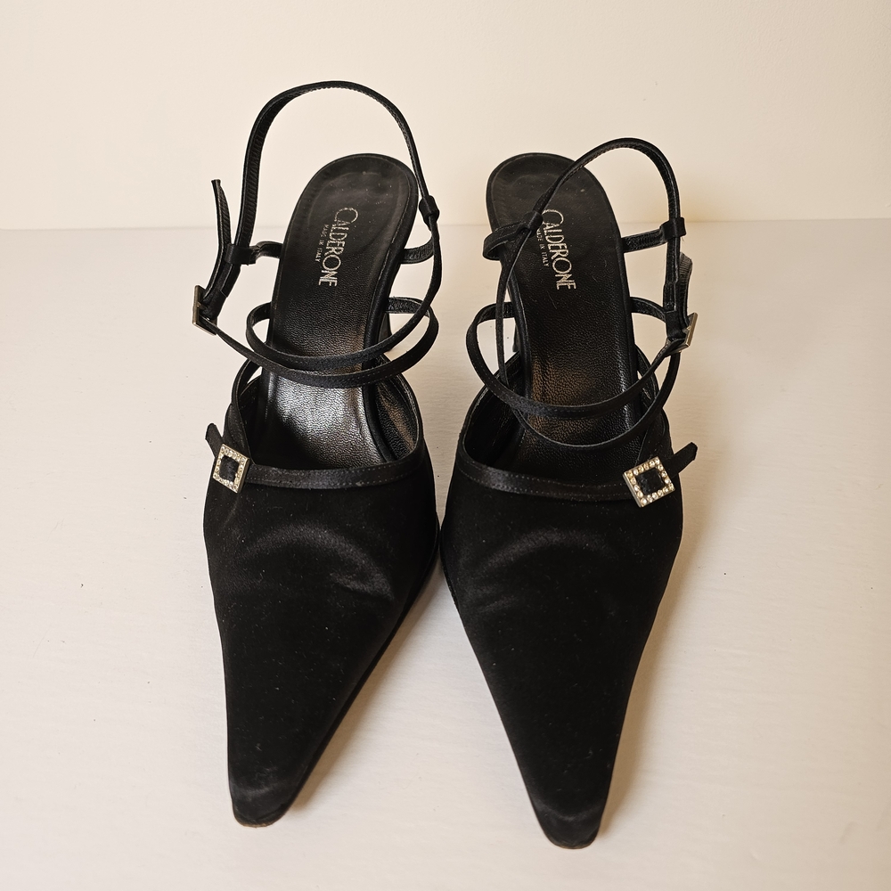 Vintage Calderone Black Pointed Toe Slingback Satin Leather Heels 41